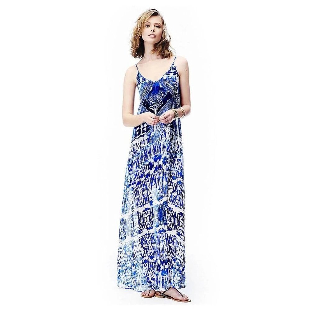 Express Blue Scarf Print Boho Summer Casual Maxi Dress P6641
